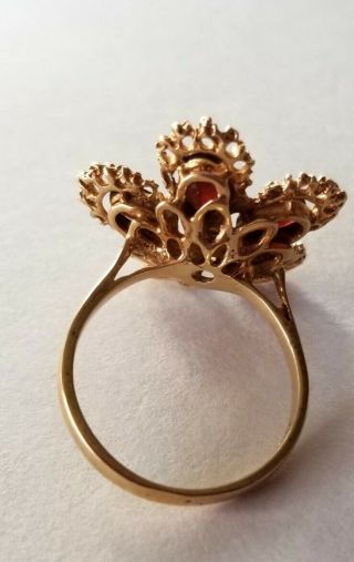 Antique,  14k Yellow Gold,  Filigree Flower 5 Garnet ' s Ring,  585,  Size 6¾ 2