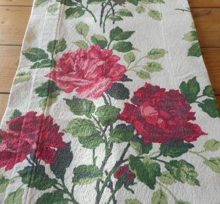 Antique Vintage Shabby Cottage Roses Floral Barkcloth Cotton Fabric Valance
