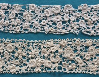 2 Fragments Fine 19th C Antique Hand Made Venetian Style Needle Lace Border