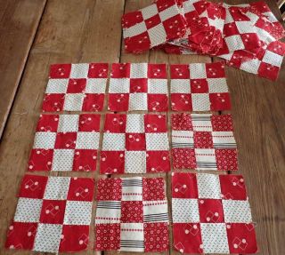 Wow Large Set Of 113 Antique Turkey Red & Shirting 9 Patch Quilt Blocks 5x5