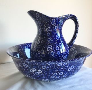 Vintage Burleigh Ware Staffordshire Pottery “calico Blue & White Wash Jug & Bowl