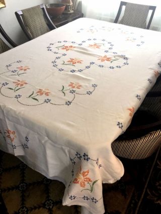 Art Deco Tablecloth Hand Embroidered Daffodils Flowers Vintage Table Linen 2