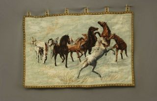 Antique French 19th C Tapestry Wall Hanging Vintage Painted | 39x35 Inches