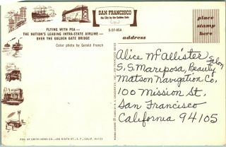 Vintage 1960s San Francisco,  California Postcard PSA Airplane Golden Gate Bridge 2
