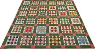Huge Antique 19th Century Hand Stitched 9 Spi Green Red Crossroads Quilt 100x100
