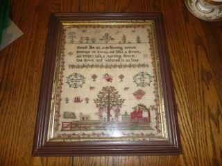 Antique1828 Handworked Framed Sampler Adam & Eve,  Death Flowers People & Verse
