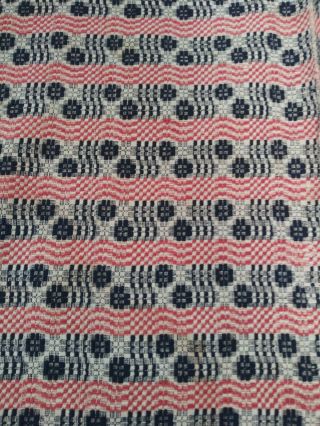 Vintage Antique Overshot Woven Wool Coverlet Bedspread Blue,  Red 100 " X70 "