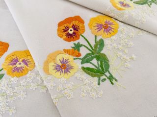 Vintage Hand Embroidered Linen Tablecloth Circle Of Pansies No.  15