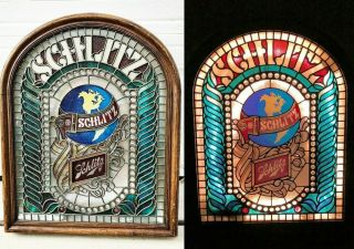 Vintage Large Schlitz Beer Tiffany Stained Glass Style Bar Light Lamp Sign