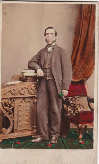 Antique Cdv Photo - Man Standing By Desk.  Glasgow Studio.  Hand Coloured