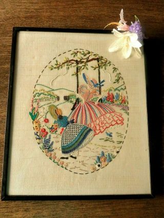 Vintage Hand Embroidered Picture Framed - Crinoline Ladies & Flowers