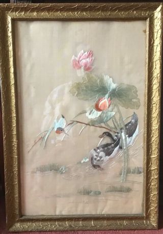 Antique Large Framed Chinese Embroidered Silk - Work Picture Birds/blossom