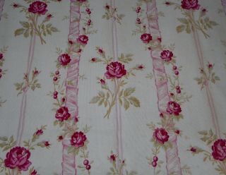 Antique French Floral Roses Ribbon Cotton Fabric Magenta Pink Olive Robin Egg