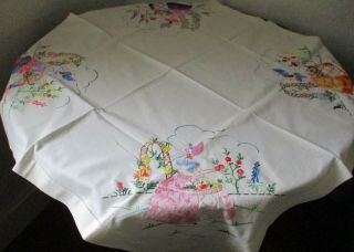 Vintage Linen Tablecloth Crinoline Ladies In Cottage Garden 34 " X 36 "