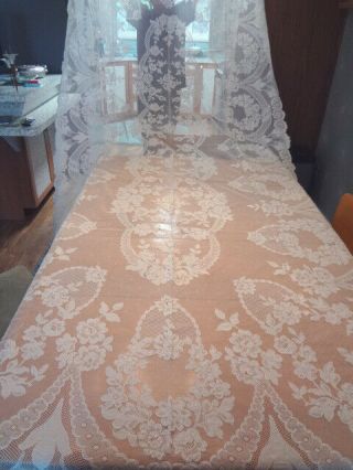 Stunning Vintage French Alencon Lace Banquet Tablecloth & 12 Napkins - 140 " Long