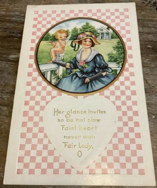 Vintage Valentine’s Day Postcard Whitney Woman Cupid Flute Pink Checkered