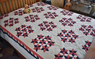 Patriotic Antique Hand Stitched Seven Sisters Quilt With Border