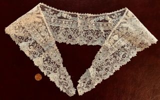 Unusual 19th C.  Brussels Point De Gaze Needle Lace Collar Costume Collect