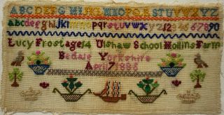 Late 19th Century Motif & Alphabet School Sampler By Lucy Frost Aged 14 - 1885