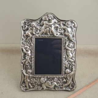Repousse Cherubs Picture Frame Sterling Silver R Carrs Sheffield Victorian Photo 3