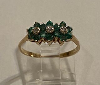 Vintage 14k Yellow Gold Emerald & Diamond Flower Ring