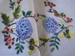 Vintage Hand Embroidered Irish Linen Tablecloth Scabiosa Autumn And Acorns