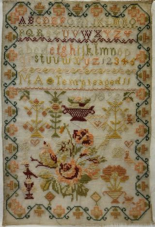 Late 19th Century Floral Spray & Motif Sampler By M.  A.  Temple Aged 11 - 1892