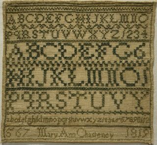 Small Early 19th Century Green Stitch Work Sampler By Mary Ann Chasteney - 1819