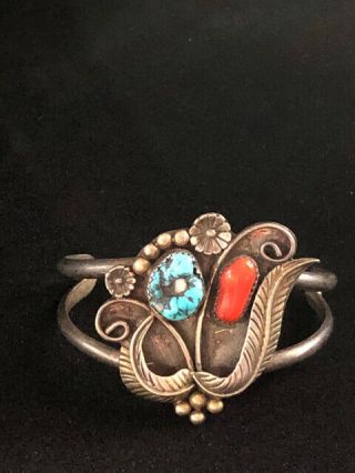 Vintage Native Navajo Sterling Silver Turquoise Coral Cuff Bracelet