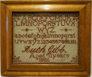 Small Late 19th Century Red Stitch Work Sampler By Ruth Gibb Aged 11 - 1882