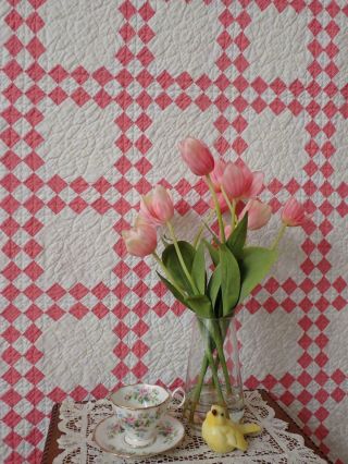 Vintage 30s Pink & White Small - Scale Irish Chain Quilt Exc Quilting