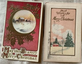 2 Vintage Christmas Postcards Pink And Red Hughes Crescent Like Moon Shape