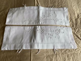 Pair Edwardian Vintage White Cotton Hand Embroidered Oxford Pillowcases