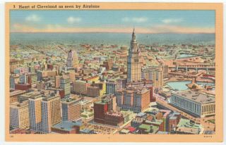 Cleveland Oh Postcard Aerial View Of City Buildings Sky Airplane Linen Vintage