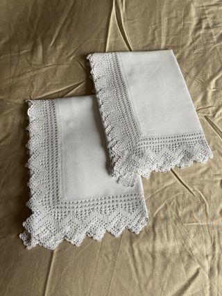 Pair Edwardian Vintage White Irish Linen Pillowcases Crocheted Edging