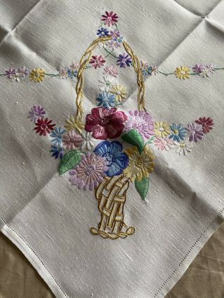 Vintage Floral Heavily Hand Embroidered Cream Irish Linen Small Tablecloth