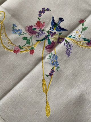 Vintage Floral Heavily Hand Embroidered Cream Irish Linen Sml.  Square Tablecloth