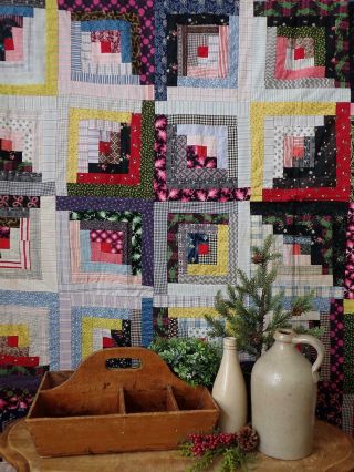 Incredible Fabric Sampler Antique 1880s Log Cabin Quilt 83x73