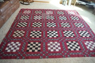 Late 1800s Antique Hand Pieced Quilt Top Checkerboard Pattern Burgundy And Black