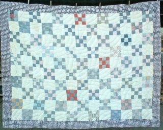 Antique Vintage Early 1900s Calico Nine Patch Chain Folk - Art Patchwork Quilt Wow