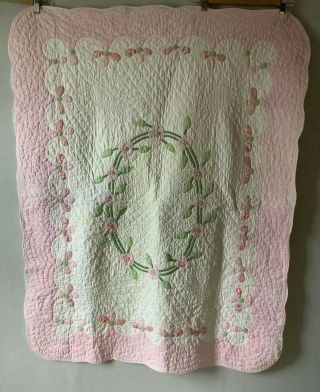 Small Vintage 1940s Hand Stitched Applique Pink & Green Floral Quilt
