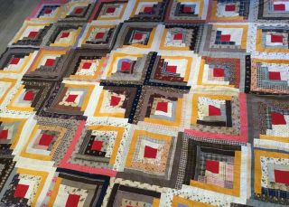 Antique Vintage Patchwork Quilt Top,  Log Cabin,  Early Calico Prints,  Brown,  Gold