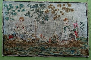 Large Antique Victorian Handmade Wool Work Tapestry Children In A Garden