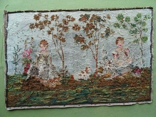 Large Antique Victorian Handmade Wool Work Tapestry Children in a Garden 3