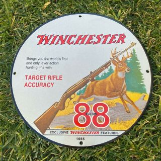 Vintage Winchester Model 88 Porcelain Metal Gas 12 " Sign Rifle Accuracy Buck