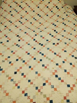 Vintage Single Irish Chain Quilt Multi Fabric 68x78 Calico Country Blues Reds