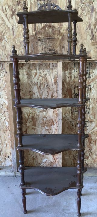 Vintage Ornate 5 Tier Standing Wood Shelf 52 1/4” High,  21” Wide,  11 3/4” Deep