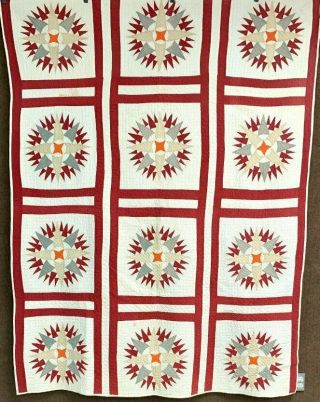 Turkey Red Cheddar C 1890 - 1900 Mariners Compass Quilt Antique