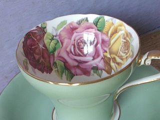 Vintage Aynsley Large Pink Yellow Roses Green Bone China Tea Cup Teacup