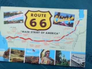 Vintage Postcard Route 66 With Sign,  Map Split Views,  Unposted